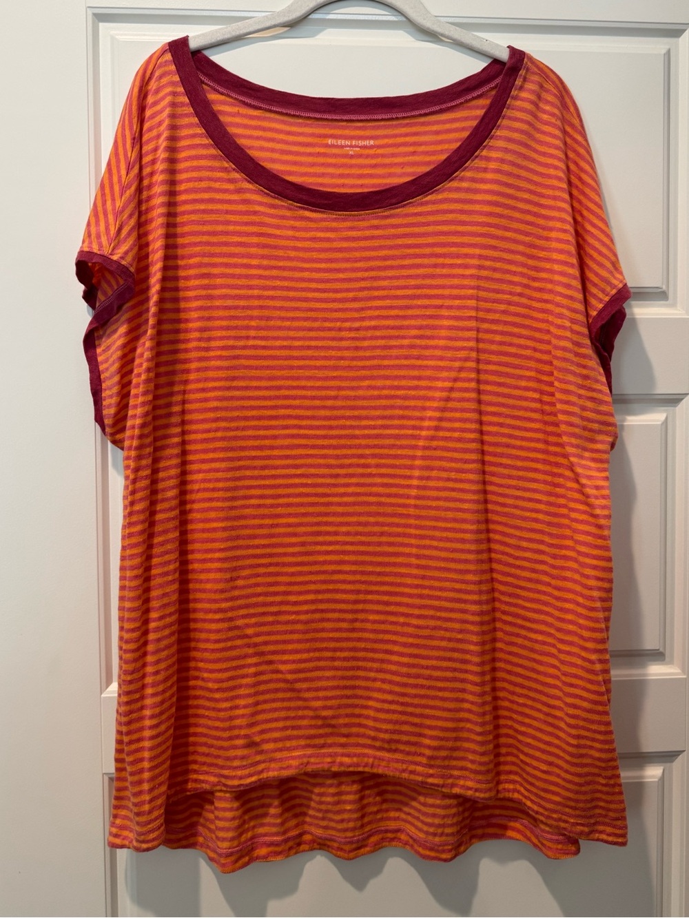 Eileen Fisher XL Pink/Orange Striped Linen T-Shirt